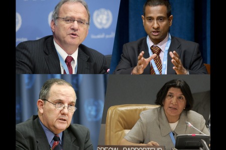 Clockwise from top left:  Cristof Heyns, UN Photo, (c) Paulo Filgueiras; Ahmed Shaheed, UN Photo, (c) Evan Schneider; Rashida Manjoo, UN Photo, (c) Devra Berkowitz; Juan Mendez, UN Photo, (c) Mark Garten