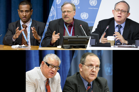 Clockwise from top left:  Ahmed Shaheed, UN Photo, (c) Evan Schneider; Heiner Bielefeldt, UN Photo, (c) Eskinder Debebe; Frank LaRue, UN Photo, (c) Rick Bajornas; Anand Grover, UN Photo, (c) Evan Schneider; Juan Mendez, UN Photo, (c) Mark Garten