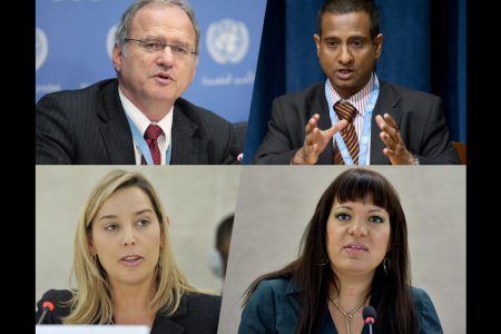 Christof Heyns, UN Photo, (c) Paulo Filgueiras; Ahmed Shaheed, UN Photo, (c) Evan Schneider;  Rita Izsák, UN Photo, (c) Jean-Marc Ferré; and Gabriela Knaul, UN Photo, (c) Jean-Marc Ferré