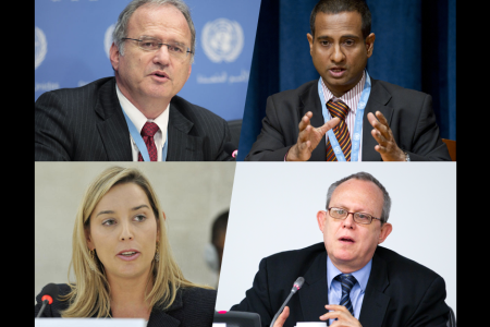 Clockwise from top left: Christof Heyns, UN Photo, (c) Paulo Filgueiras; Ahmed Shaheed, UN Photo, (c) Evan Schneider; Frank LaRue, UN Photo, (c) Rick Bajornas; and Gabriela Knaul, UN Photo, (c) Jean-Marc Ferré